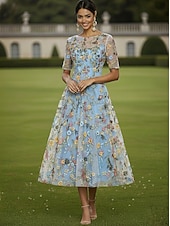 Недорогие Длина щиколотки-А-силуэт Платья Ниже колена Коктейльные платья Свадебное платье для гостей Платье для матери невесты Рукав до локтя Вырез под горло Вырез лодочкой Элегантный стиль На каждый день