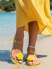 abordables Femmes-Sandales en plastique jaune pour femmes - sandales de plage romantiques et imperméables avec décoration de roses en 3D &amp;Bride de cheville ajustable pour les vacances d'été, les escapades sur les îles
