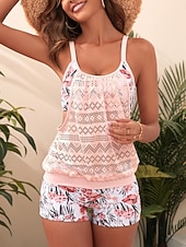 cheap Tankinis-Women's Swimwear Tankini 2 Piece Swimsuit Tummy Control High Waist Cut Out Slim Backless Vacation Beach Wear Floral Scoop Neck Sleeveless Bathing Suits