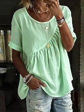 voordelige Overhemden-Dames Blouse Katoenen shirt Met ruches Effen Kleur Dagelijks Stijlvol Basic Korte mouw Strakke ronde hals Normale tops Dagelijks blauw Wit Geel Blozend Roze Groen Zomer Lente Herfst