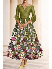 cheap Cocktail Dresses-A-Line Tea Length Cocktail Dresses Party Dresses Elegant 3/4 Length Sleeve V Neck Garden Party Wedding Taffeta with Bow(s) Appliques