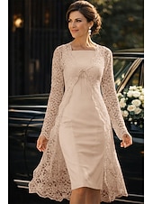 billige Mammas kjolesett-Todelt Linjeform Knelengde Gjestekjole til bryllup Kjole til brudens mor Ermeløs Firkantet hals Elegant Bryllupsgjest Bryllupsfest Kirke Chiffon Blonder Jakke kjoler med Ensfarget