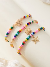 cheap Vacation Accessories-Women's Boho Elastic Beaded Anklet Set, Alloy Beads, Stretchable, Multi-Color, Trendy Summer Foot Jewelry, Perfect for Vacation, Travel and Daily Casual Wear