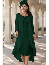 baratos Conjuntos de vestidos para mamãe-Duas Peças Linha A Longuette Vestido de convidada de casamento Vestido Para Mãe dos Noivos Manga Curta Decorado com Bijuteria Elegante Tamanhos Grandes Convidado do casamento Festa de Casamento