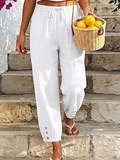 Χαμηλού Κόστους Κάτω-Γυναικεία Βαμβακερό λινό παντελόνι Καλοκαίρι παντελόνι Παντελόνια με κοψίματα Παντελόνι παραλίας Απλός Καθημερινό Ανατομικό Μέχρι τον αστράγαλο Μεσαία Μέση Μονόχρωμες Τσέπη Ελαστική μέση Αναπνέει