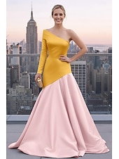 levne Šaty na večer ve tvaru A-A-Linie Dlouhá vlečka Šaty pro svatební hosty Formální šaty Večerní šaty Šaty Elegantní Dlouhý rukáv Jedno rameno Maturitní ples Formální Satén s Barevné bloky