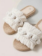 preiswerte Rutschsandalen-Damen Strand Urlaub Quaste Flacher Absatz Runde Zehe Bohemien Urlaub Stoff Loafer Schwarz Gelb Grün