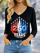  American Independence Day Women's T Shirt Print Graphic Flag Stylish Classic 3/4 Length Sleeve V Neck Regular Tops Daily Weekend Blue Black Red Spring