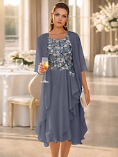 economico Set di abiti per la mamma-Due Pezzi Linea ad A Abito Lunghezza al ginocchio Abito da invitata a nozze Largo Abito da cerimonia per signora Mezza Manica Scollo a Barca Elegante Semplice Formale Ospite di nozze Ricevimento di