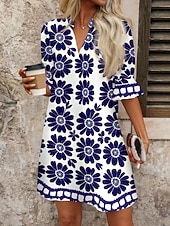 cheap Floral Dress-Women's Mini Dress Shift Dress Casual Dress Print Dress Fashion Modern Daily Vacation Going out Regular Fit Floral Long Sleeve V Neck Blue Black Red Fuchsia Spring Fall