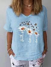 preiswerte Hemden-Damen Leinenhemd T Shirt T-Shirt Druck Blumen Grafik Mode Klassisch Lässig Kurzarm V Ausschnitt Normale Oberteile Täglich Ausgehen Wochenende Weiß Gelb Marineblau Grau Leicht Blau Sommer Frühling