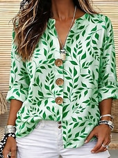 tanie Kwiatowe bluzki-Damskie Bluzka Nadruk Kwiaty Graficzny Elegancja Zabytkowe Elegancki Rękaw 3/4 Półgolf W serek Zwykłe topy Crop Topy Codzienny Święto Stroje plażowe Niebieski Rumiany róż Zielony Lato Wiosna