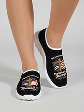 cheap Women Shoes-Women's Blue Patriotic Slip-On Sneakers – Lightweight Breathable Walking Shoes with American Flag Graphic Design for Casual Wear, Holiday Events, Travel and Outdoor Activities