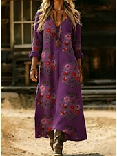  Femmes Robe Maxi Robe bohème Robe Vintage Robe Décontractée ancien Quotidien Extérieur Vacances Coupe régulière Fleuri manche longue Col en V Violet Printemps Automne