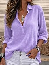 cheap Shirts-Women's Linen-feel Shirts Blouse Faux Linen Shirt Buttons Solid Color Stylish Casual 3/4 Length Sleeve V Neck Regular Tops Daily White Light Green Pink Purple Summer Spring Fall