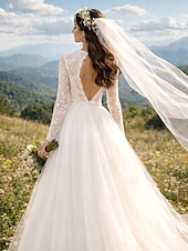 economico Piccole vestiti bianchi-Abito da ballo Lunghezza alla caviglia Abiti da sposa Abito da sposa Vintage Anni 1940 / 1950 Piccoli Abiti Bianchi Manica Lunga Scollo Tondo Laurea Compleanno Raso Pizzo con Applicazioni Tinta unita