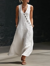 abordables Robes décontractées-Robe longue en coton et lin pour femme, robe d'été, robe trapèze, robe cintrée et évasée, robe de vacances décontractée, style bohème, robe de plage décontractée, robe de soirée ample, robe unie sans