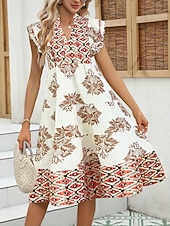 abordables Robes Boho-Femmes Robe Midi Robe bohème Robe Vintage Robe Décontractée Robe Fleurie Élégant Mode Moderne Extérieur Vacances Sortir Coupe régulière Fleuri Manche Courte Col en V Bleu Jaune Rouge Été Printemps