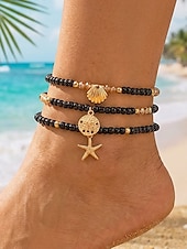 cheap Vacation Accessories-Women's Boho Elastic Beaded Anklet Set, Alloy Beads, Stretchable, Multi-Color, Trendy Summer Foot Jewelry, Perfect for Vacation, Travel and Daily Casual Wear