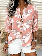 economico Bluse Floreali-Per donna Camicia Stampato Grafico Foglia Elegante Vintage Tropicale Mezza Manica Scollo a V Top Regolari Quotidiano Ferie Abbigliamento mare Blu Rosa Viola Verde Estate Primavera