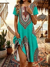abordables Robe Boho de Vacances-Femmes Robe Longueur Genou Robe bohème Robe de Plage Robe d'été ancien Gothique Quotidien Plage Week-end Coupe régulière Fleuri Manche Courte Col ras du cou Bleu Jaune Orange Vert Été Printemps
