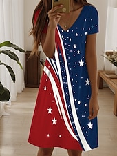  Amerikanischer Unabhängigkeitstag Damen Minikleid Sommerkleid T-Shirt-Kleid A Linie Kleid Urlaub Lässig Boho Strand Normale Passform Grafik Flagge Sternenbanner Kurzarm V Ausschnitt Blau Schwarz