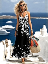 tanie Sztuka i projektowanie sukien-Damskie Sukienka maxi Sukienka letnia Sukienka A line Sukienka na ramiączkach Urlop Codzienny Plaża Wyjściowe Luźna Graficzny Zwierzę Panterka Bez rękawów W serek Czarny i biały Czarny Biały Czerwony