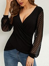 cheap Dressy Blouses-Women's Shirt Blouse Lace Tops Long Sleeve Tops Lace Plain Stylish Classic Modern Long Sleeve V Neck Regular Tops Daily Holiday Going out Black Summer Spring