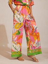 tanie Spodnie-Dzikie satynowe spodnie z szerokimi nogawkami w kształcie hibiskusa