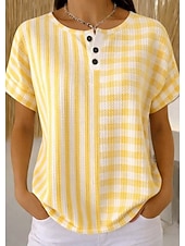  Hauts tricotés texturés Waffle pour femmes t-shirt à bloc de couleur graphique géométrique stylé classique à manches courtes col rond quotidiens sportifs week-end noir et blanc jaune vert arc-en-ciel