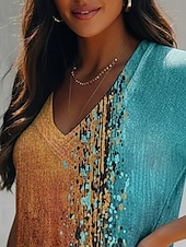  Damen T Shirt Druck Grafik Vintage Lässig Boho Kurzarm V Ausschnitt Normale Oberteile Täglich Blau Sommer Frühling