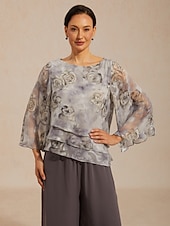 Femmes Hauts en mousseline de soie À lacets Fleuri Élégant Manche 3/4 Manche cloche Col ras du cou Quotidien robe demoiselle d honneur Gris Clair Été Printemps Automne