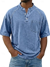 ieftine tricouri de bază-Bărbați Tricou Cămașă Demin Cămașă de spălat cu acid 100% bumbac Manșon scurt Guler de stand Henley Toamna iarna Primăvară Toamnă Simplu Epocă Șic Stradă Casual Buzunar Vopsit în haine Spălat Casual