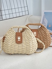 billiga Rese- och semesterväskor-Damväska i vävd stråaxelrem, beige och khakifärger, lätt sommarväska med justerbar rem, bohemisk chic-stil, perfekt för semester, resor och vardagsbruk