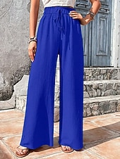 cheap Wide Leg &amp; High Waisted-Women's Wide Leg Chinos Vacation Streetwear Casual Full Length Medium Waist Plain Drawstring Pocket Elastic Waist Comfy Comfort Breathable Micro-elastic Daily Outdoor Streetwear Pea-Green Black Red