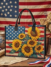  תיק נשיאה פוליאסטר לנשים עם קיבולת גדולה וכיס עם רוכסן, עיצוב פטריוטי של חמניות ודגל אמריקאי, מושלם ליום השנה ה-250, יום העצמאות ולשימוש יומיומי יומיומי