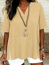 voordelige Overhemden-Dames Overhemden met linnenlook Blouse Overhemd van imitatie linnen Knop Effen Kleur Dagelijks Stijlvol Basic Halve mouw V-hals Normale tops Dagelijks blauw Zwart Geel Rood Paars Zomer Lente Herfst