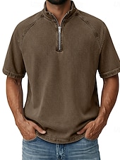 お買い得  ベーシックTシャツ-男性用 デニムシャツ コットン100% アシッドウォッシュシャツ ティートップ 半袖 スタンド ファスナー 秋冬 春 秋 平織り ヴィンテージ ストリートファッション カジュアル ジッパーを閉める 色褪せた ベーシック カジュアル 家 ストリート パープル メンズトップTシャツ