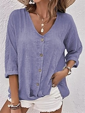 economico Bluse e camicie-Per donna Camicia Blusa Arricciato Bottoni Semplice Elegante Vacanza Vintage Manica Lunga Scollo a V Top Regolari Quotidiano Ferie Uscire Blu Rosa Verde Cachi Estate Primavera