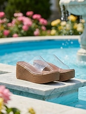 baratos Sandálias plataforma anabela-Sandálias anabela pretas femininas com tira transparente – chinelos transparentes para jardim, praia, piscina e férias. &amp;roupa casual