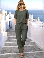 preiswerte Wesentliche Faux Co-ord Sets-Damen Hosen-Sets Bolero Kunstbaumwollleinen Kurzarm Rundhals Einfarbig Mode Streetwear Lässig Täglich Outdoor Blau Orange Grün Sommer Lässiger Schnitt