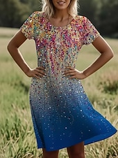 halpa Boho-mekot-Naisten Polvipituinen mekko Boho-mekko Rento mekko Tpaitamekko Vintage Päivittäin ulko- Loma Normaali Ombre Kuvitettu Lyhythihainen Tiukka pyöreä kaula-aukko Sininen Purppura Apila Kesä Kevät