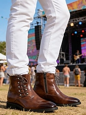 tanie Mężczyźni-męskie brązowe botki zapinane na zamek z boku, sznurowane, modne buty na festiwale muzyczne, stroje na koncerty, odzież uliczną, imprezy plenerowe, stroje imprezowe i jako wyrazisty styl