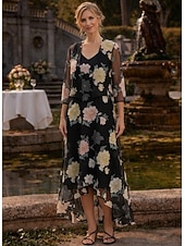 Недорогие Комплекты платьев для мам-Из двух частей А-силуэт Ниже колена Свадебное платье для гостей Платье для матери невесты Без рукавов Рукав 3/4 V-образный вырез Элегантный стиль Простой Официальные Дерби в Кентукки Полуформальный