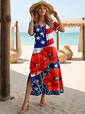 olcso Függetlenség napi ruha-Amerikai függetlenség napja Női Szabályos Midi ruha Nyári ruha Pólóruha Elegáns Szüret Tengerpart Normál Grafika Zászló Rövid ujjú Terített nyak Medence Fehér Rubin Nyár Tavasz