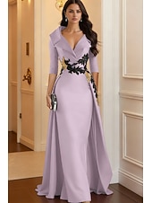 cheap Ball Gown Evening Dresses-A-Line Floor Length Evening Gown Elegant 3/4 Length Sleeve Shirt Collar Formal Satin with Appliques