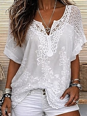billiga Spets toppar-Dam Blus Spets Ensfärgat Stylish Ledigt Kortärmad V-hals Vanliga toppar Dagligen Blå Svart Vit Orange Grå Sommar Vår Höst