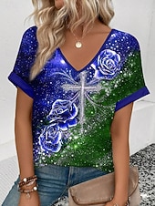 abordables Top jour de l’indépendance-Jour de l'Indépendance Américaine Femmes T-shirt Imprimé Fleuri Graphique Drapeau ancien Occasionnel Manche Courte Col en V Hauts Réguliers Quotidien Week-end Vêtements de vacances Bleu Vin Vert Ét