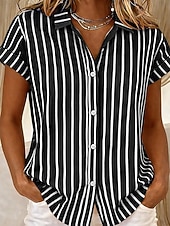 economico Bluse a righe e geometriche-Maglietta da Donna Manica Corta Grafica Geometrica Striata Vintage Tropicana Elegante Senza Maniche Colletto Lungo Top Giornaliero Blu Nero Rosa Arancione Verde Estate Primavera