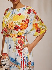 お買い得  花柄ドレス-サントリーニ サマー シフォン ゴムウエスト マキシドレス